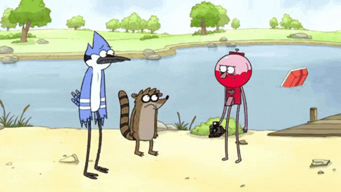 a cartoon of regular show characters standing on a beach
