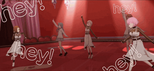 a group of anime girls are dancing on a stage with the words hey written on them