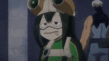 a cartoon character wearing a frog hat and goggles sticks out her tongue