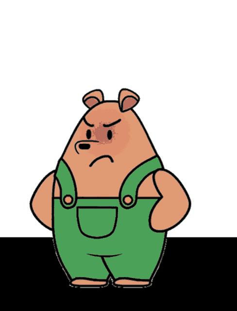 a cartoon of an angry bear wearing green overalls with smoke coming out of his mouth