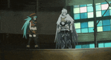a couple of anime characters standing next to each other in front of a window