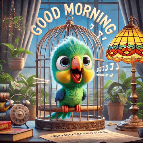 a green and blue parrot in a cage with the words good morning written on it