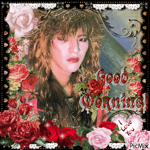 a picture of a woman surrounded by roses with the words good morning