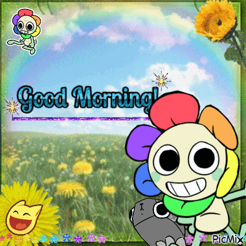a cartoon says good morning with a rainbow flower