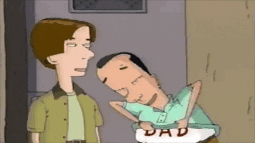 a cartoon of two men one of whom is wearing a dad shirt