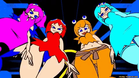 a group of cartoon characters are standing next to each other and one of them is wearing a blue shirt