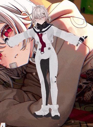 a girl in a white and black outfit is standing in front of a painting