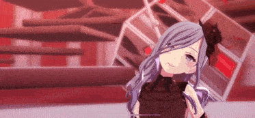 a girl with long purple hair and blue eyes is standing in front of a red wall .