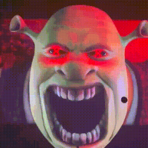 shrek from shrek is screaming with red eyes and a black spot on his face .