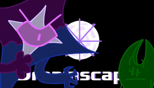 a drawing of a purple and blue monster with a white circle in the background and the word escape in the bottom right corner