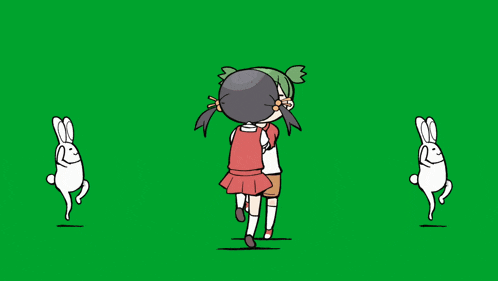 a cartoon of two girls holding hands with rabbits behind them
