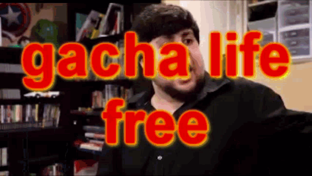 a man in a black shirt is standing in front of a bookshelf with the words gacha life free written on it
