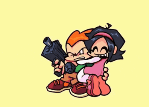 a couple of cartoon characters sitting next to each other on a yellow background . one of the characters is holding a gun .