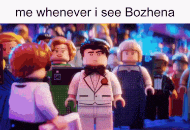 a lego man in a tuxedo stands in front of a crowd with the words me whenever i see bozhena below him