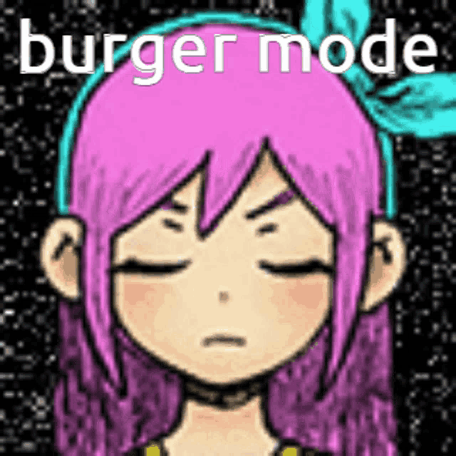 a cartoon of a girl with pink hair and a blue bow in her hair with the words `` burger mode '' written above her .