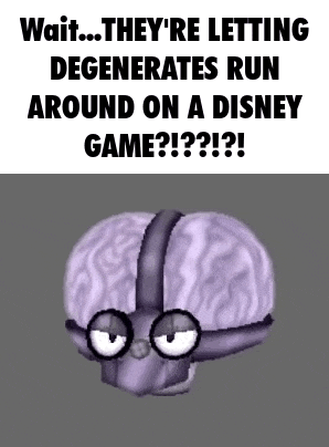 a cartoon of a brain with glasses and the words wait they 're letting degenerates run around on a disney game