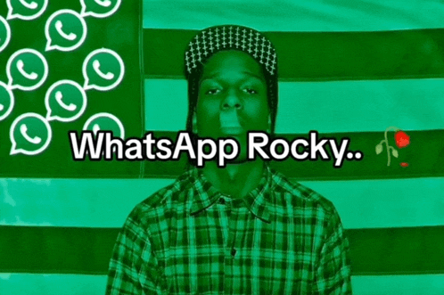 a man in a plaid shirt stands in front of a green and white striped background with the words whatsapp rocky
