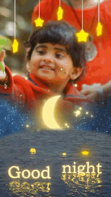 a little girl is smiling in front of a crescent moon and stars with the words good night below her