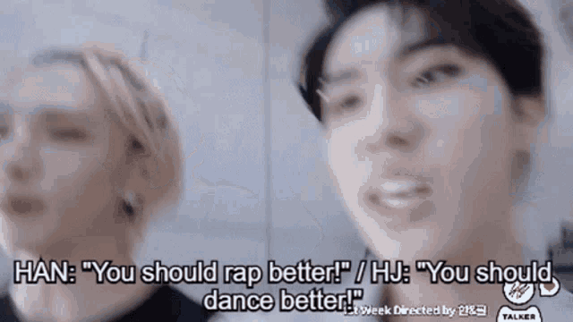 a close up of a man 's face with the words han you should rap better