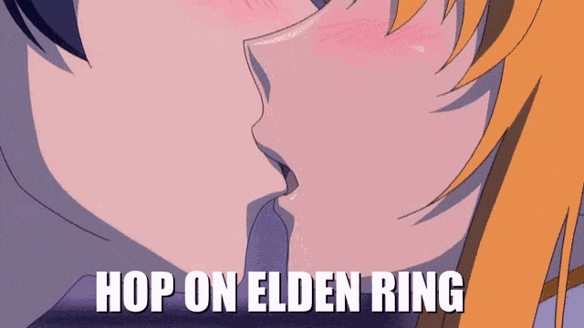 a couple kissing with the words hop on elden ring below