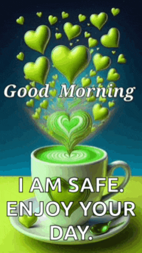 a cup of green coffee with green hearts coming out of it