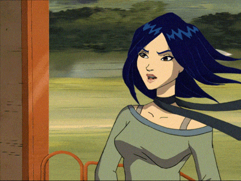 a cartoon of a woman with long blue hair