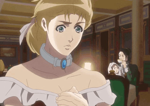 a woman in a white dress has a collar around her neck with a blue stone