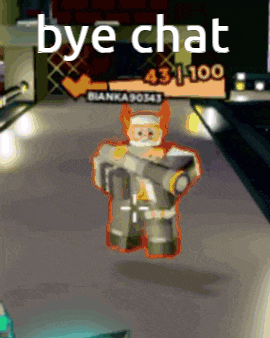 a cartoon character is holding a gun and says bye chat in the background