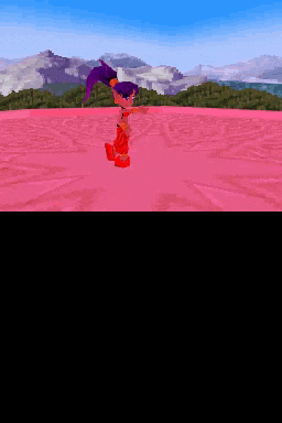a cartoon character is walking on a pink field