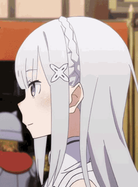 a close up of a girl with white hair and a flower in her hair