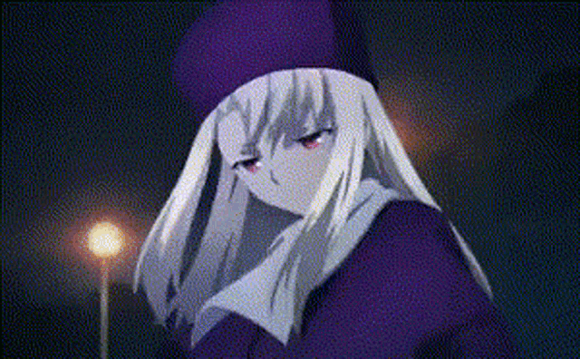 a girl with white hair and red eyes is standing in front of a candle in a dark room .