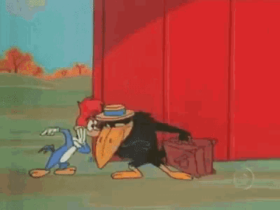 woody woodpecker and a crow are standing next to each other .