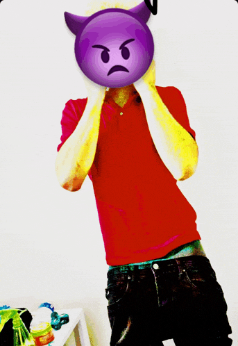 a man wearing a red shirt has a purple emoji on his face