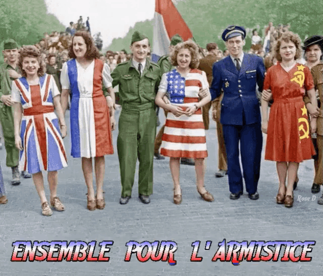 a group of people posing for a picture with the words ensemble pour l' armistice