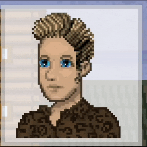 a pixel art of a man with blue eyes and a brown shirt