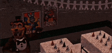 a freddy bear stands in front of a sign that says ' party time '