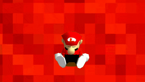 a red mario sitting on a red checkered surface