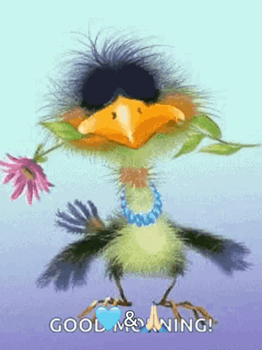 a cartoon bird is holding a flower in its beak and wearing sunglasses and a necklace .