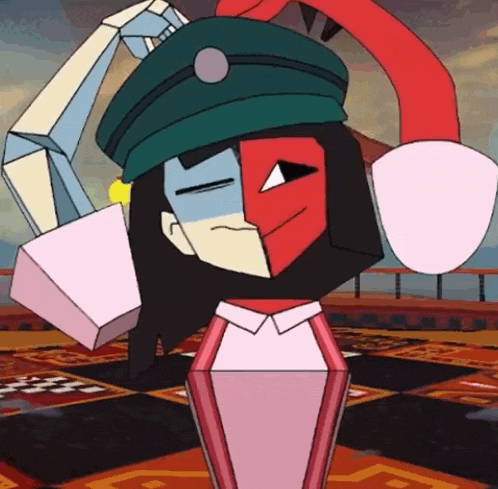 a cartoon character wearing a green hat and a pink shirt is standing on a checkered floor .