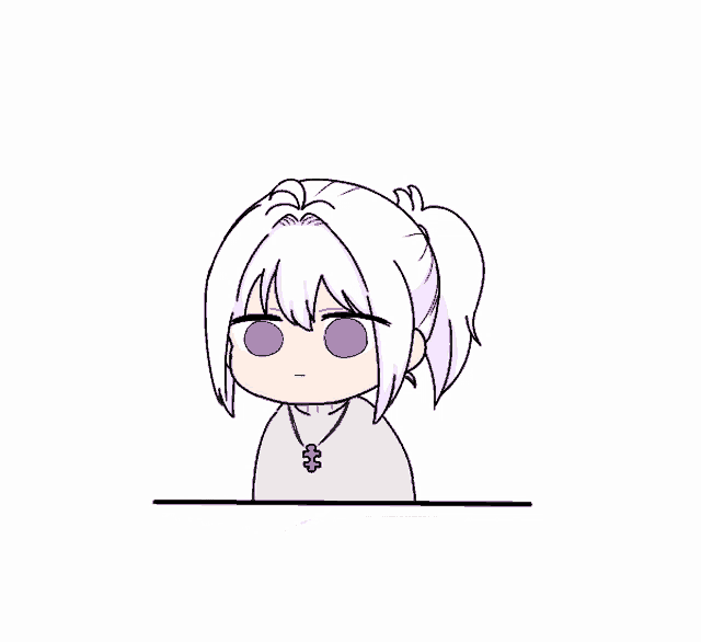 a drawing of a girl with white hair and purple eyes wearing a cross necklace