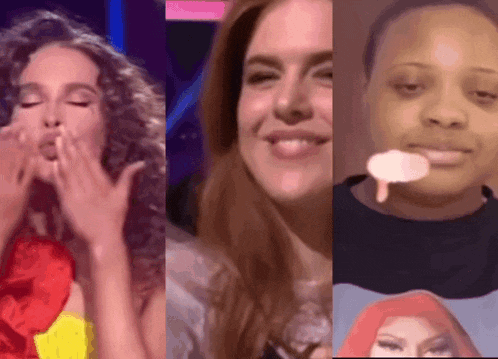 a woman blowing a kiss and a woman eating ice cream are shown in a collage