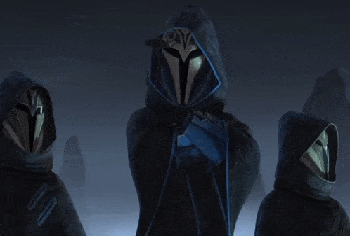 a group of hooded figures are standing next to each other with the caption what is she doing here