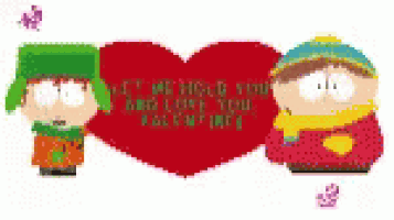 a couple of cartoon characters standing next to each other in front of a heart .