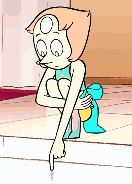 a cartoon character is sitting on the floor and pointing at something .