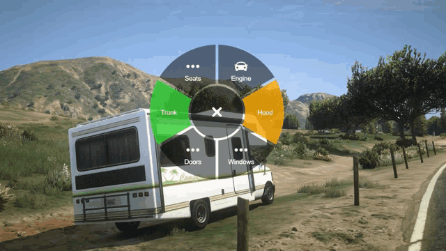 a screenshot of a video game shows a circle with seats engine trunk and hood