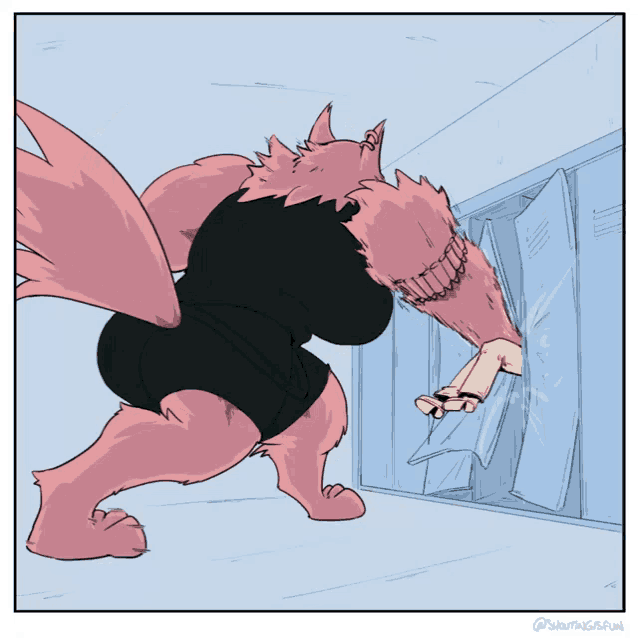 a cartoon of a werewolf breaking a glass door