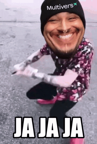 a man wearing a beanie and a floral shirt is making a funny face while kneeling down .