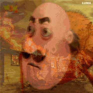a cartoon of a man with a burning house in the background and the word luma on the bottom right