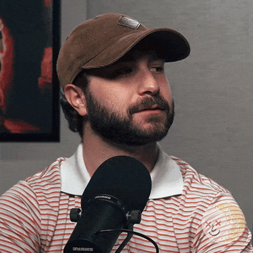 a man with a beard wearing a brown hat and striped shirt is sitting in front of a shure microphone