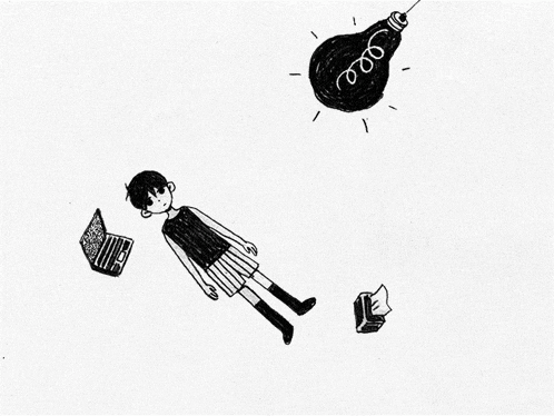 a drawing of a girl holding a laptop and a light bulb